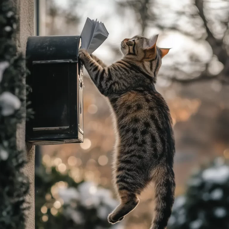 cat jumping up to get mail from a mailbox