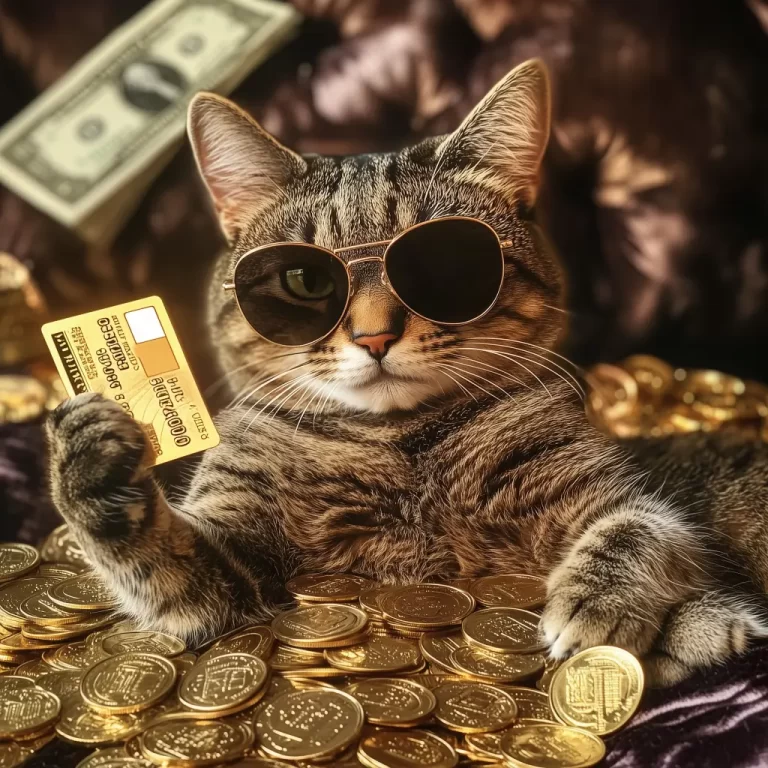 cat stylish with glasses and payment card sitting waist high in gold coins