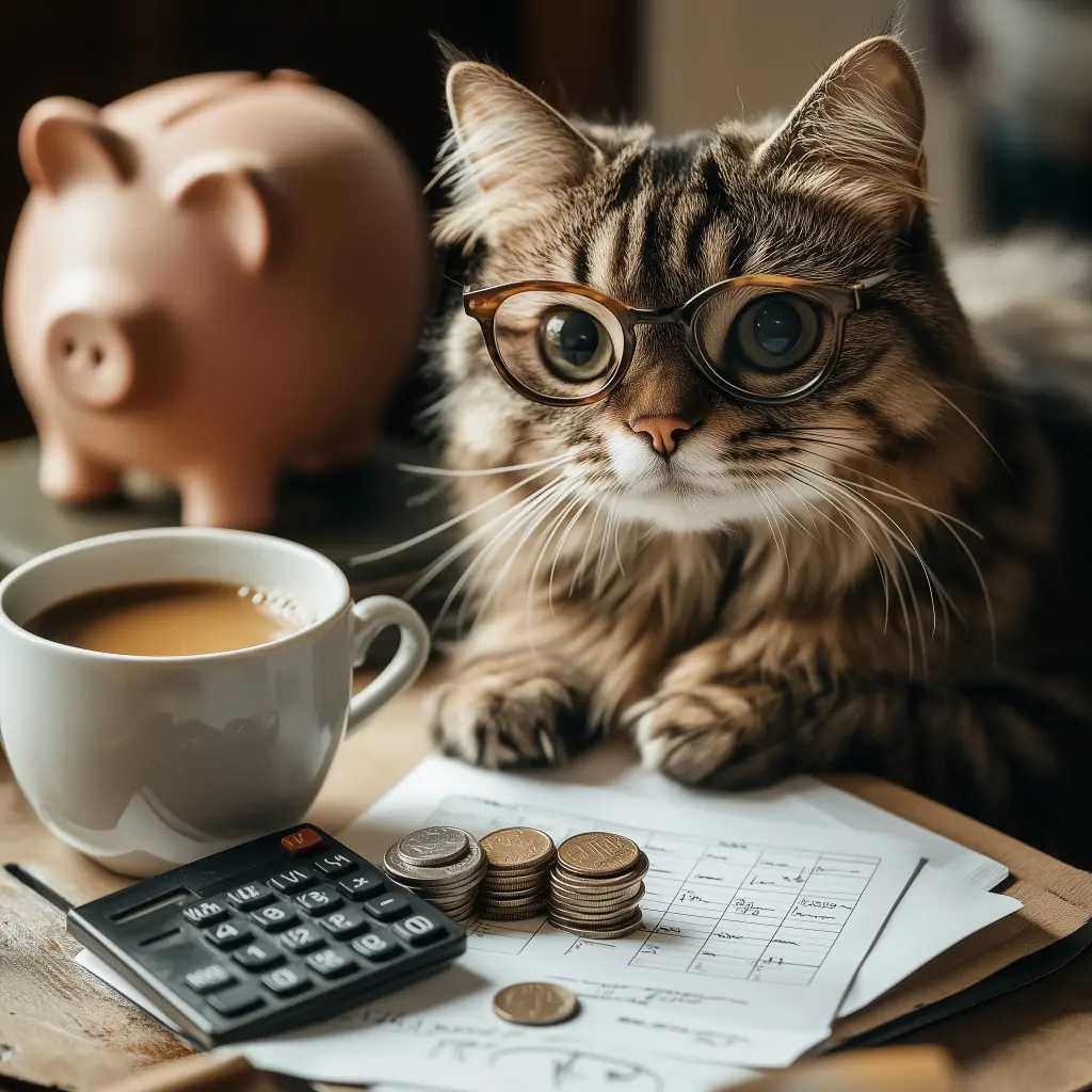 cat with glasses on and a calculator piggy bank coins and coffee