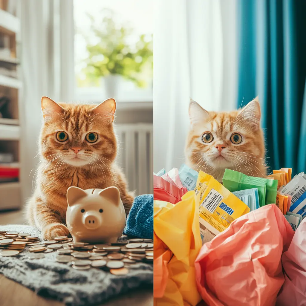left side of photo is a cat with a piggy bank and coins right side is a cat with shopping bags and receipts