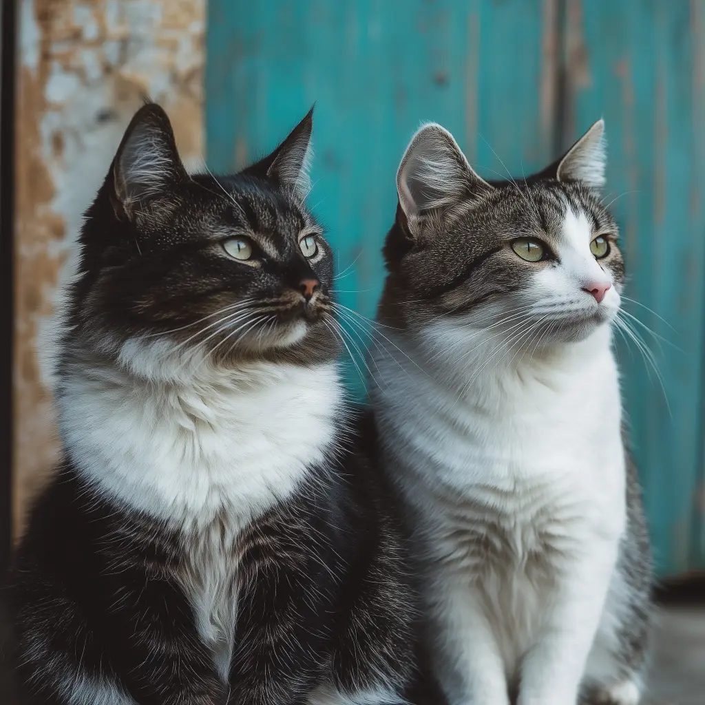 two cats that appear to be partnered together sitting next to each other