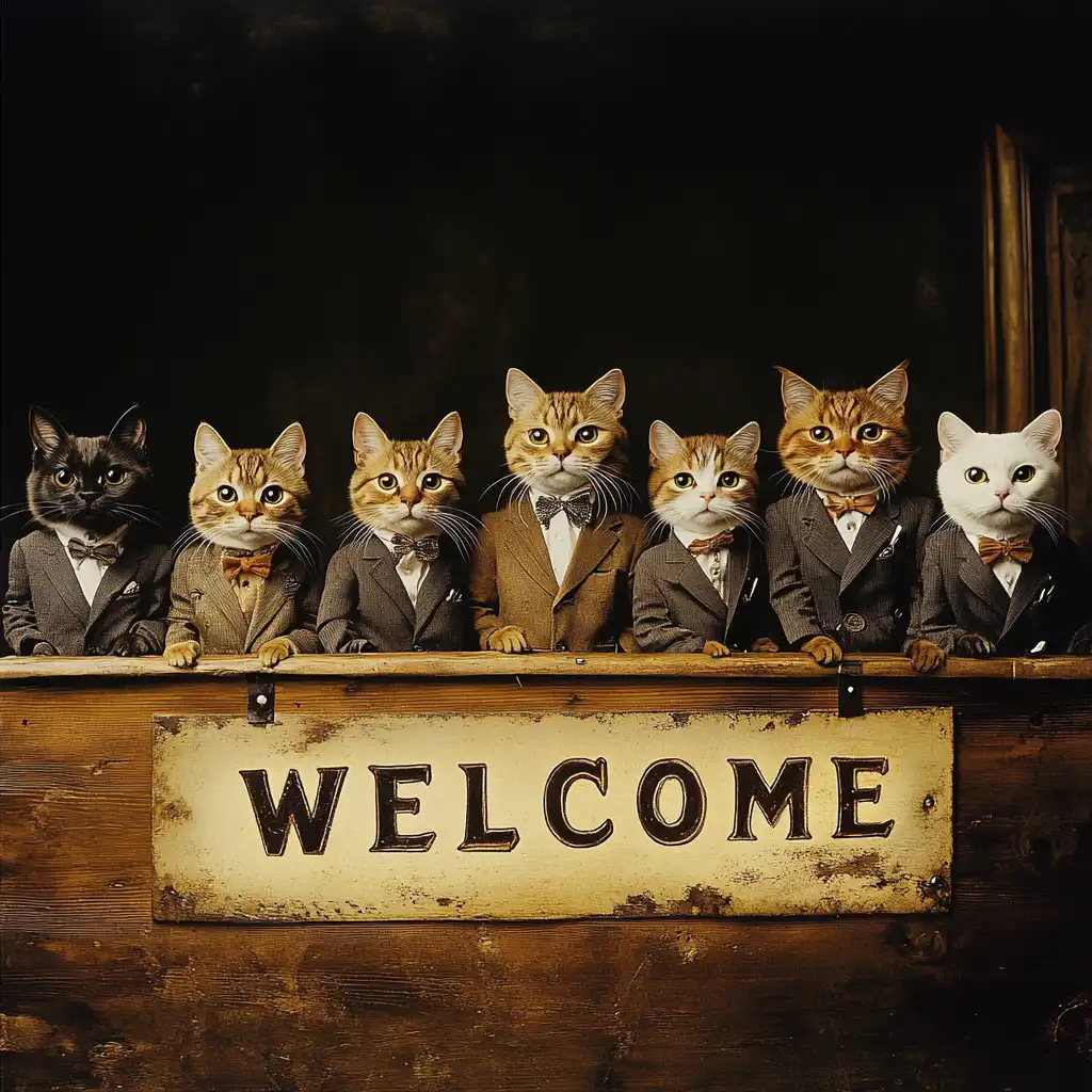 7 cats in tuxedos standing behind a wooden booth and welcome sign