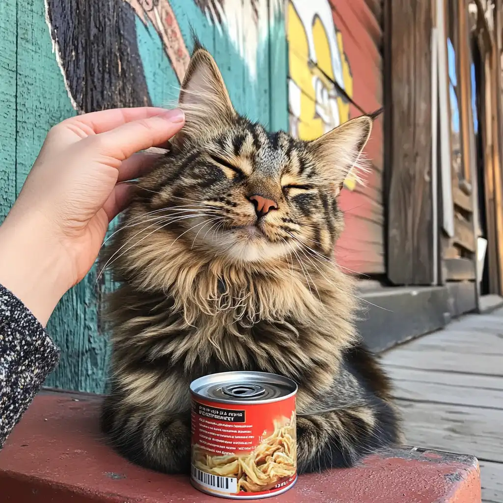 a cat behind a building with a can of food and human hand touching ear