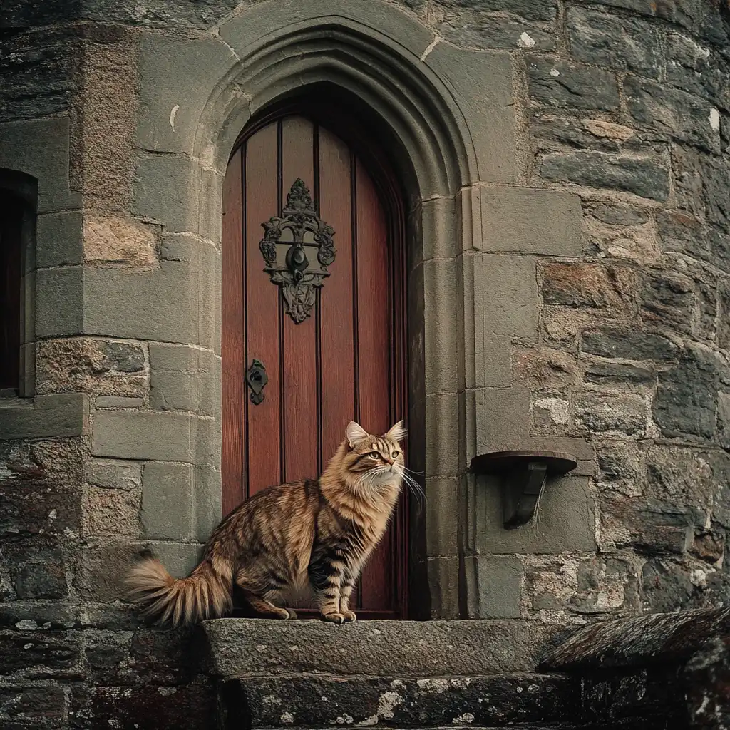 a cat coming up to a castle door with a cat perch attached to the side
