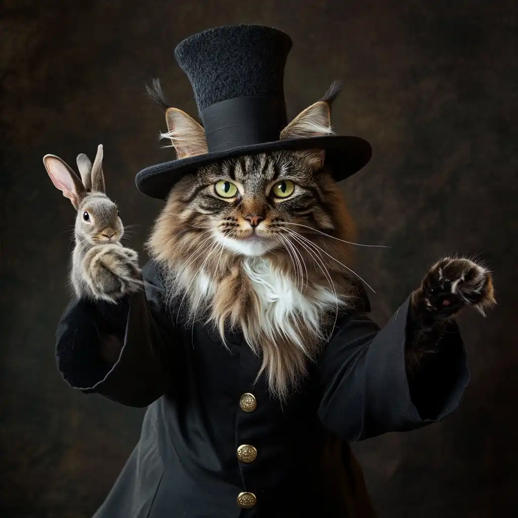 a cat dressed as a magician pulling a rabbit out of a hat