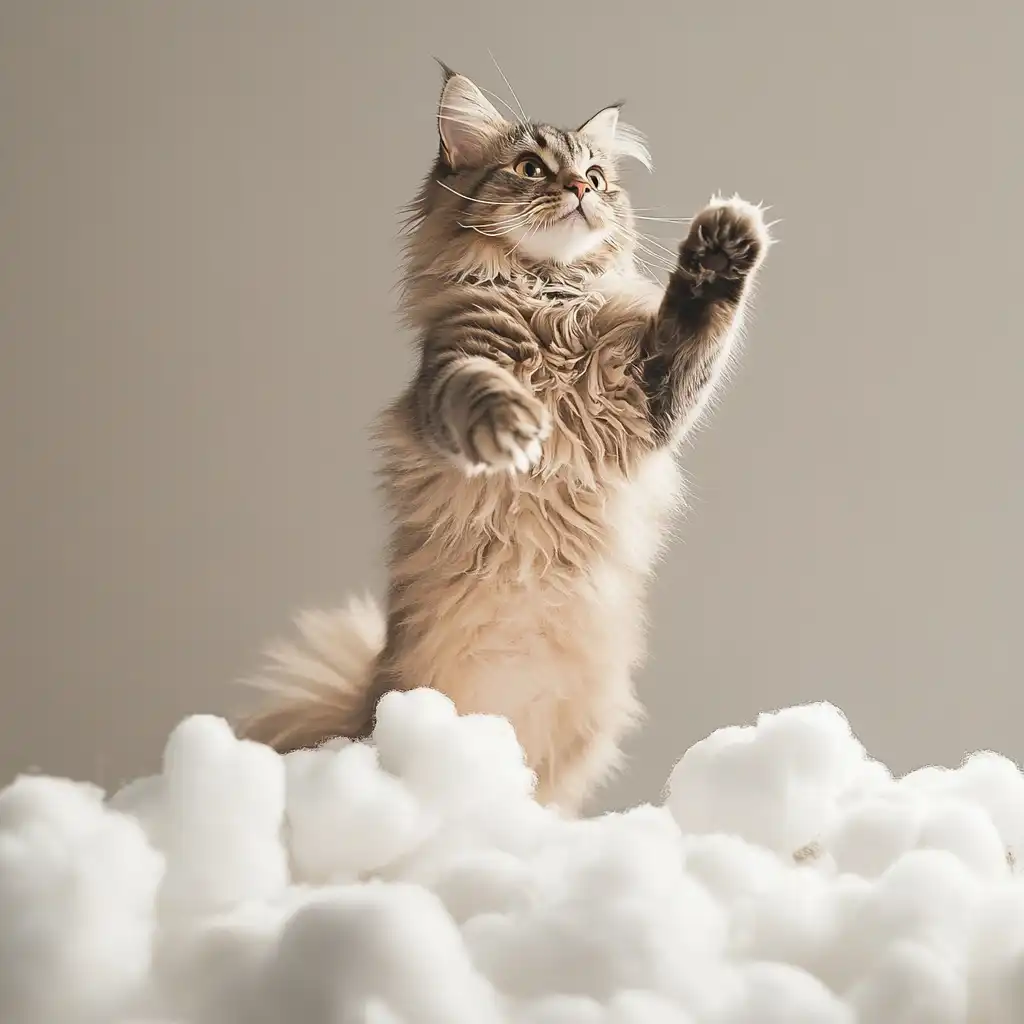 a cat leaping up surrounded by cotton