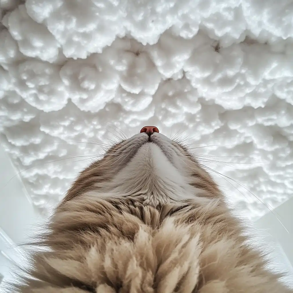 a cat looking up under its nose above at a mound of cotton