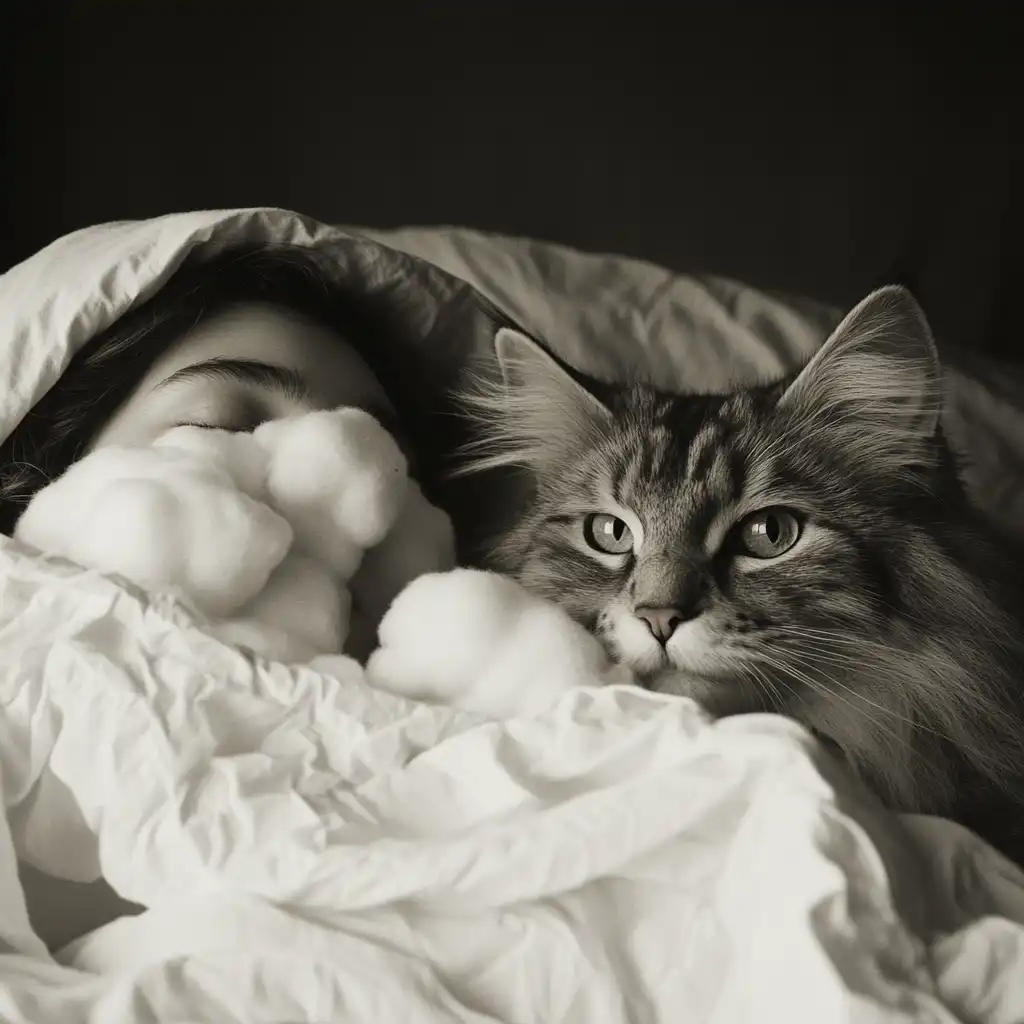 a cat under cotton covers with a human