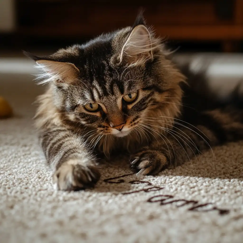 a cat writing into the carpet with its claws