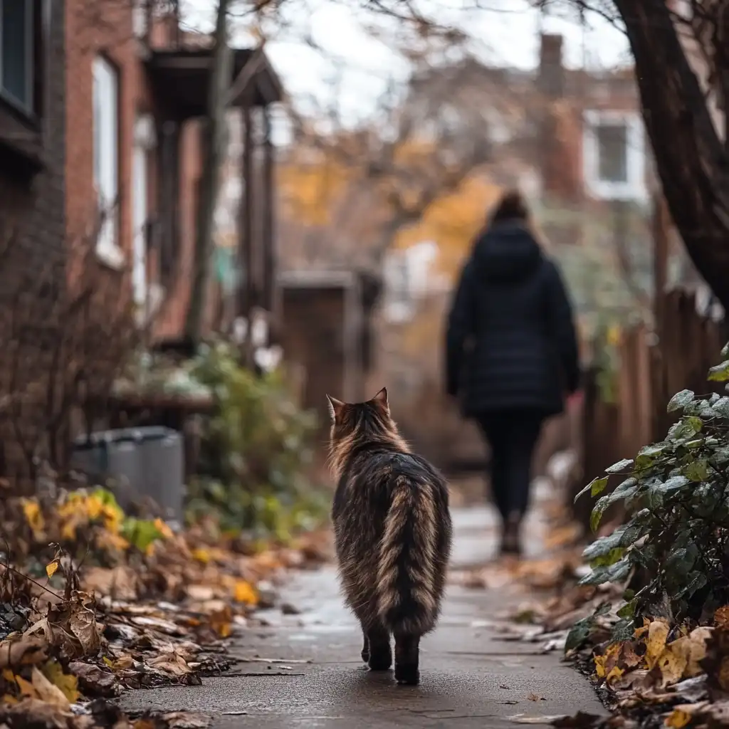 cat following a human down a pathway through a neighborhood