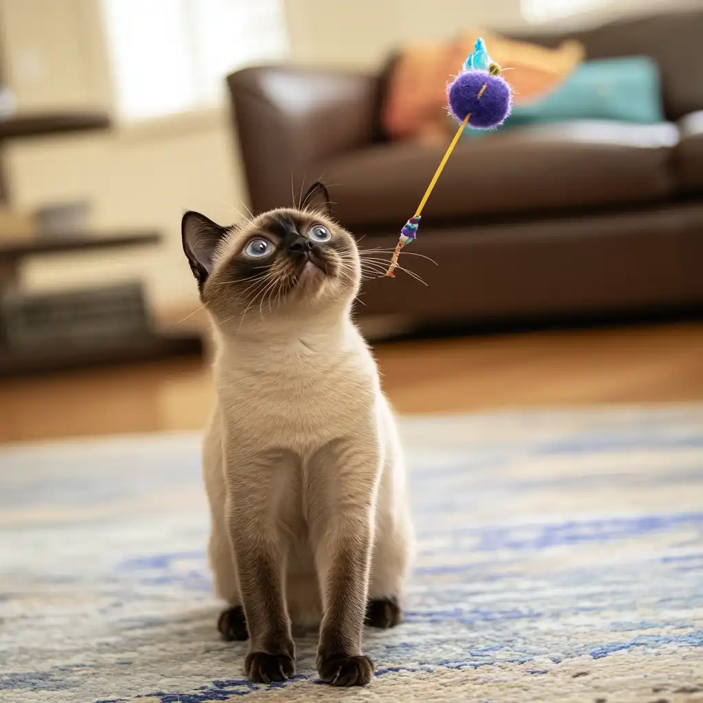 cat playing with wand toy
