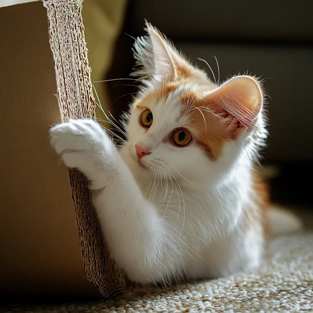 cat playing with cardboard scratch toy