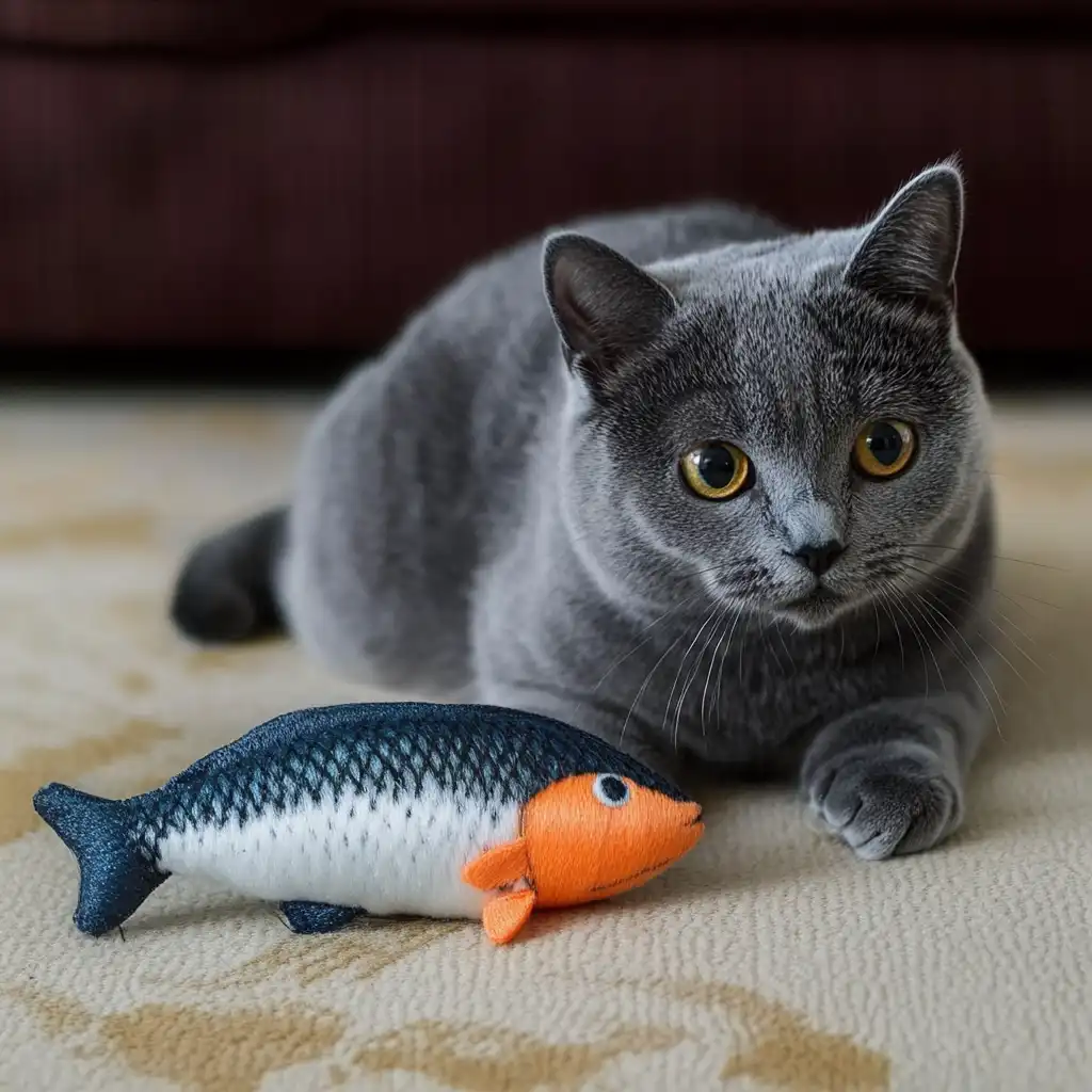 Russian blue cat with fish toy