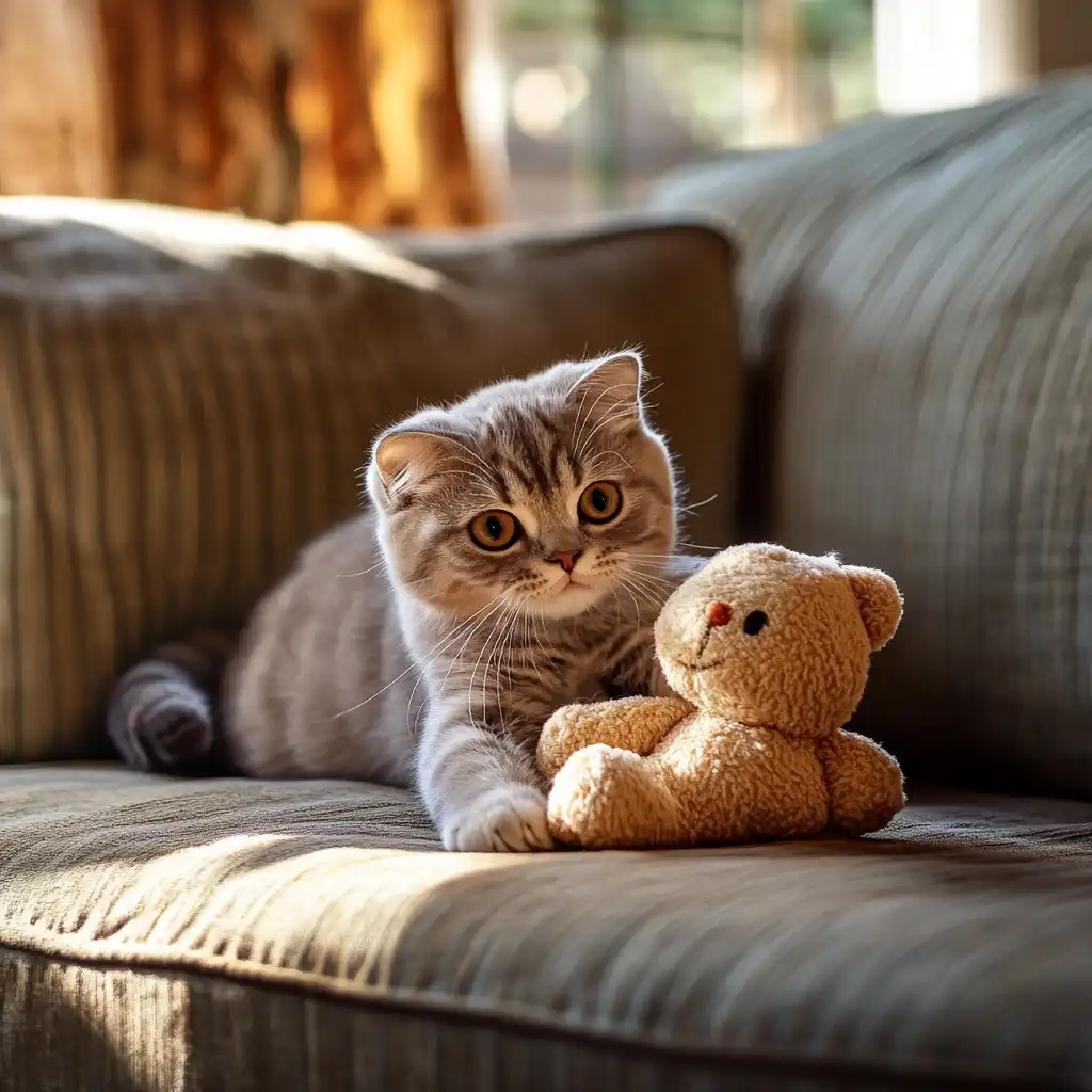 Scottish fold cat with plush toy