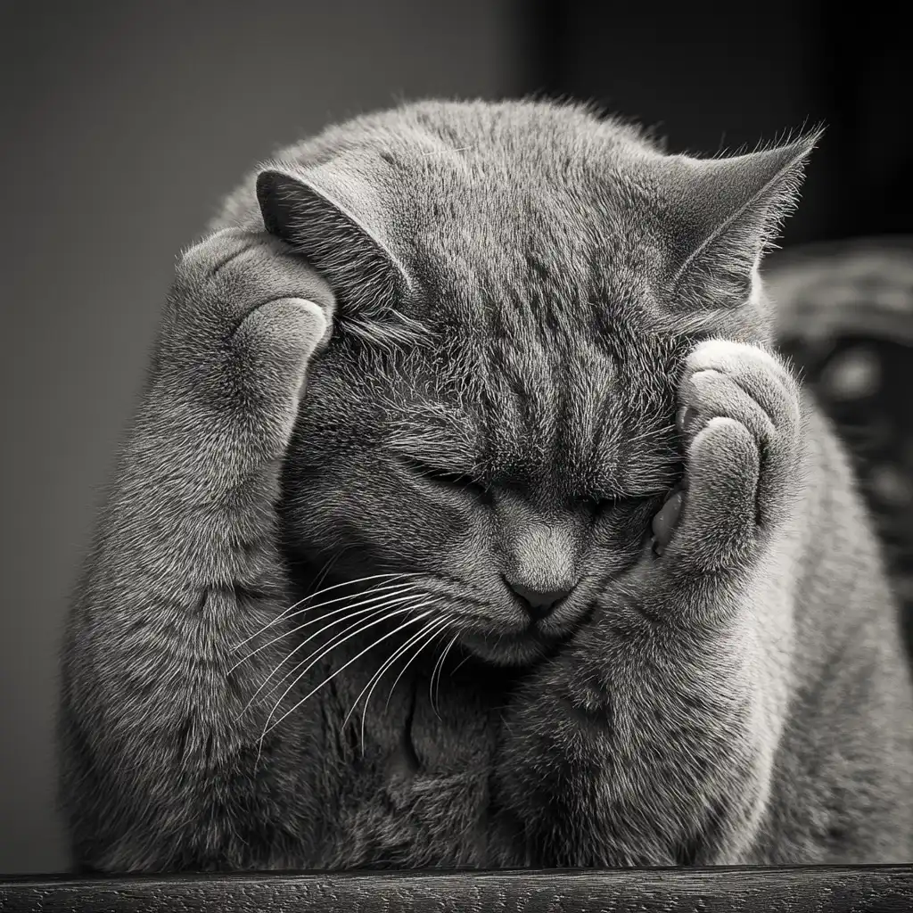 cat looking anxious with face in paws