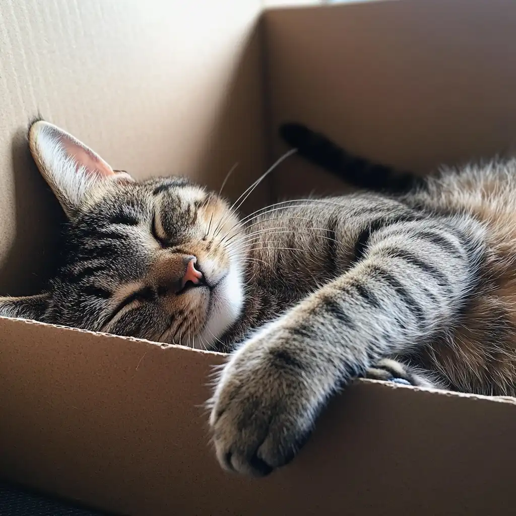 cat sleeping in a cardboard box