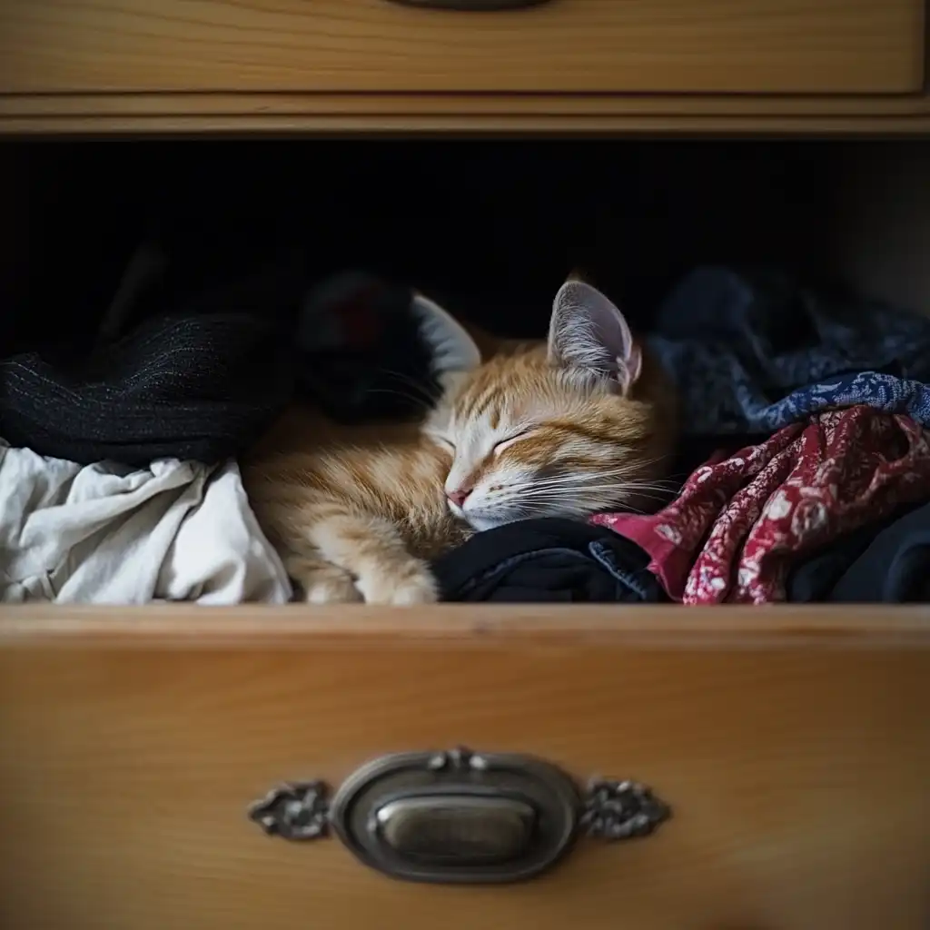 cat sleeping in a drawer