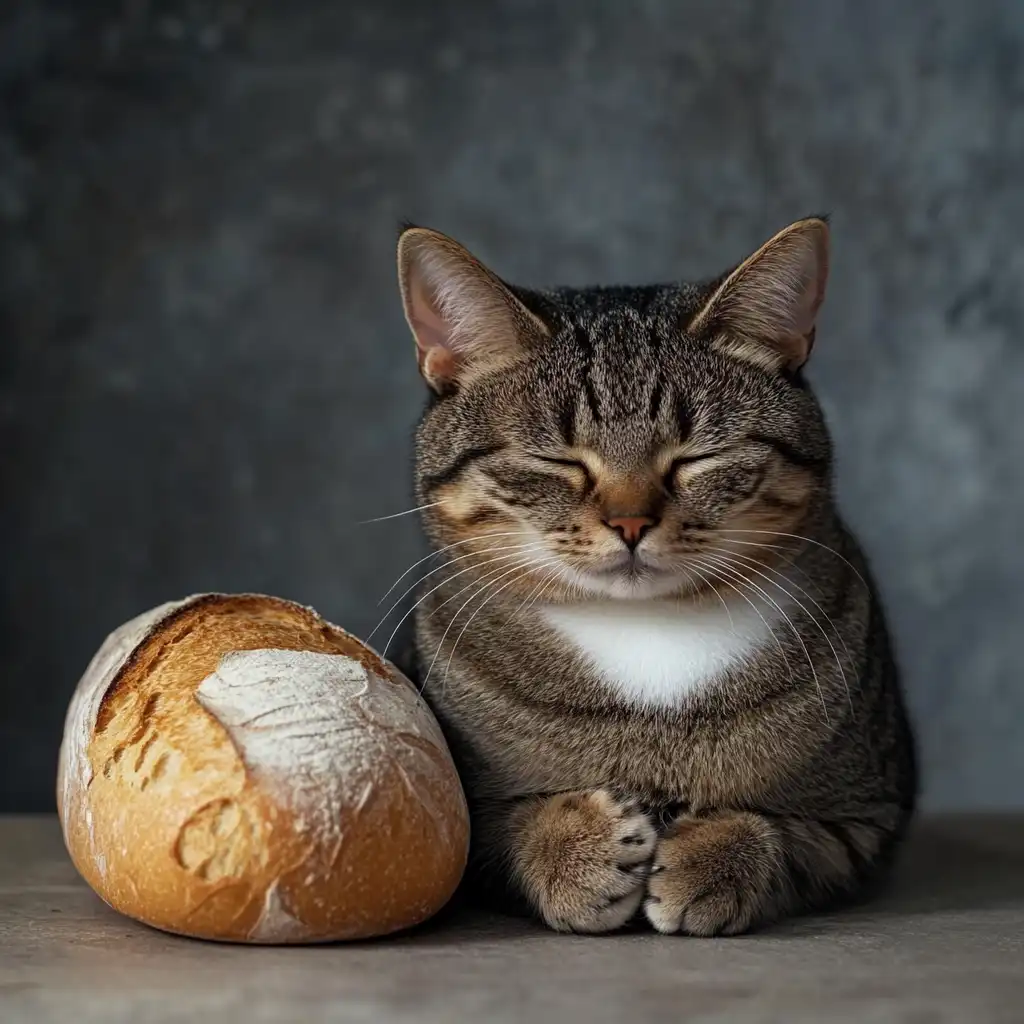 cat sleeping next to a loaf of bread