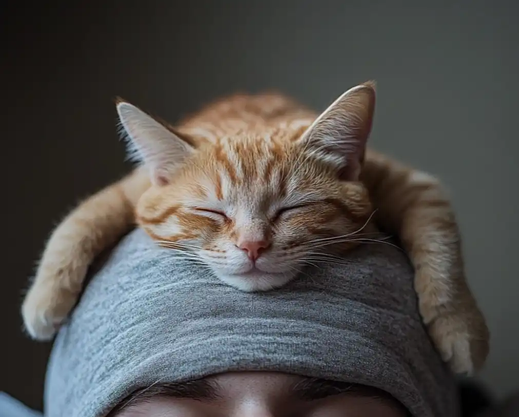 cat sleeping on top of head