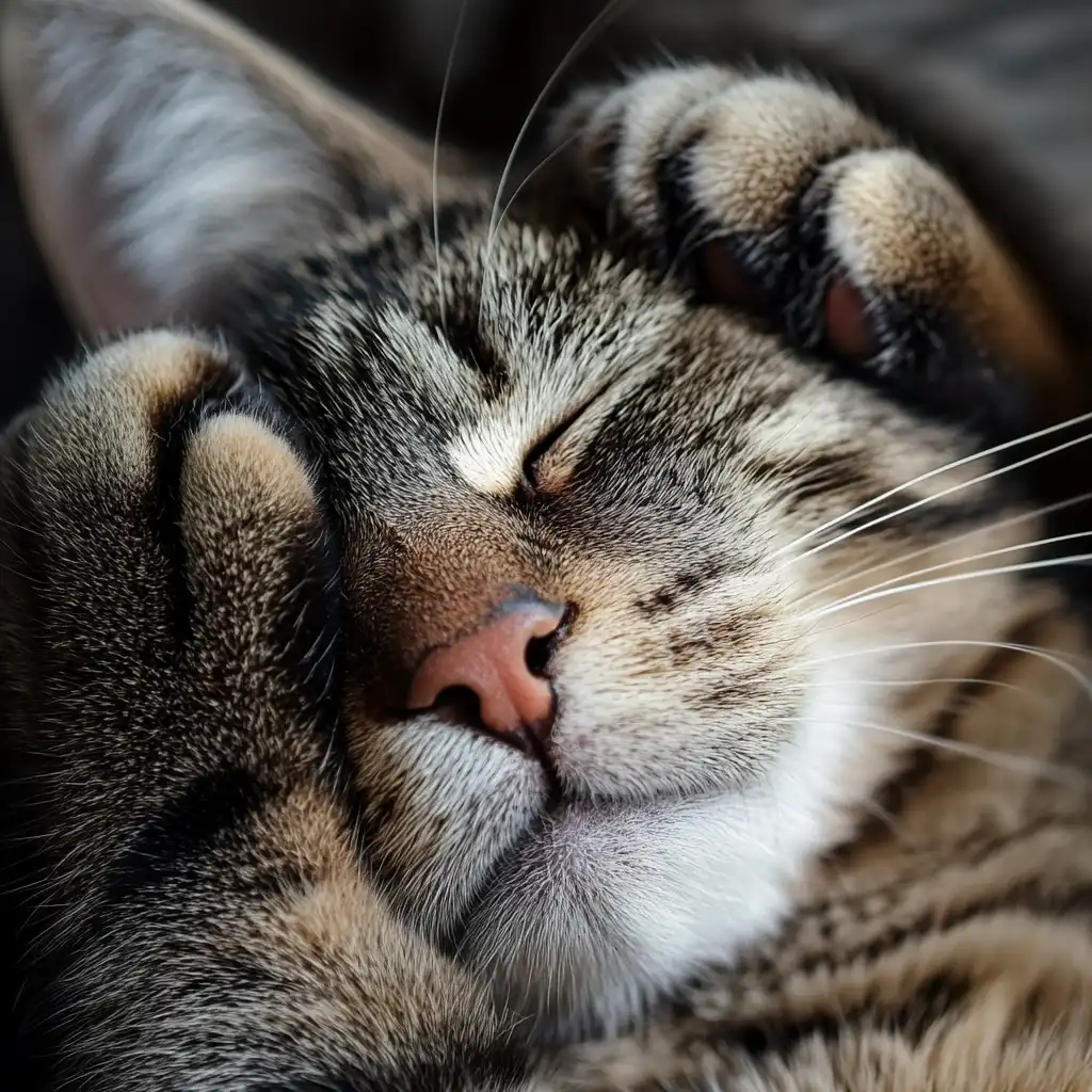 cat sleeping with paws on face