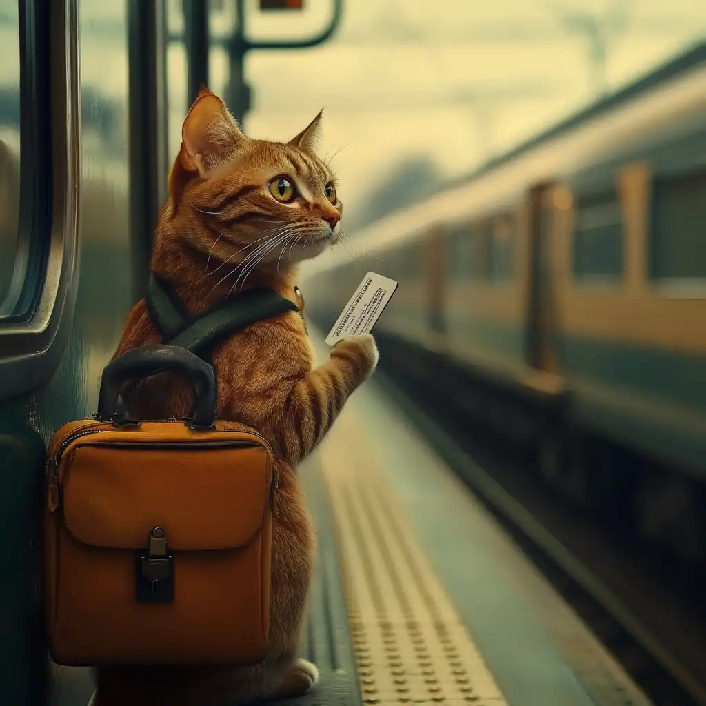 cat waiting to board train with ticket