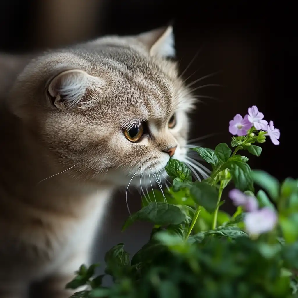 scottish fold cat smelling catnip