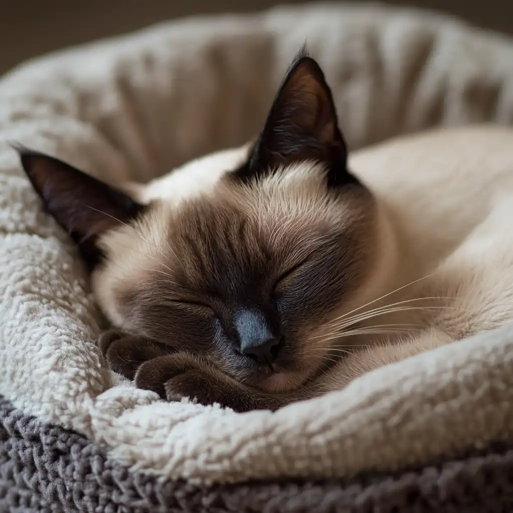 siamese cat sleeping in a calming blanket