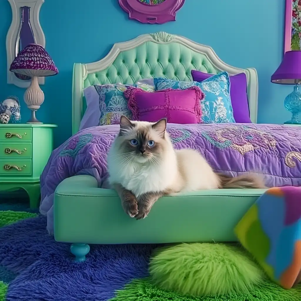 Siamese cat surrounded by purple green and blue colors
