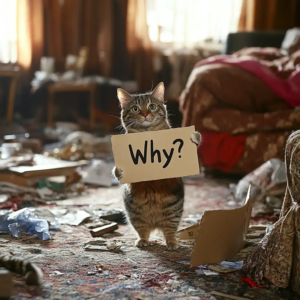 tabby cat in a messy room-with a cardboard sign with the word why on it