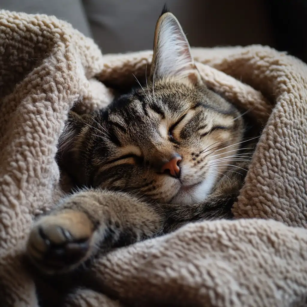 tabby cat wrapped in blanket