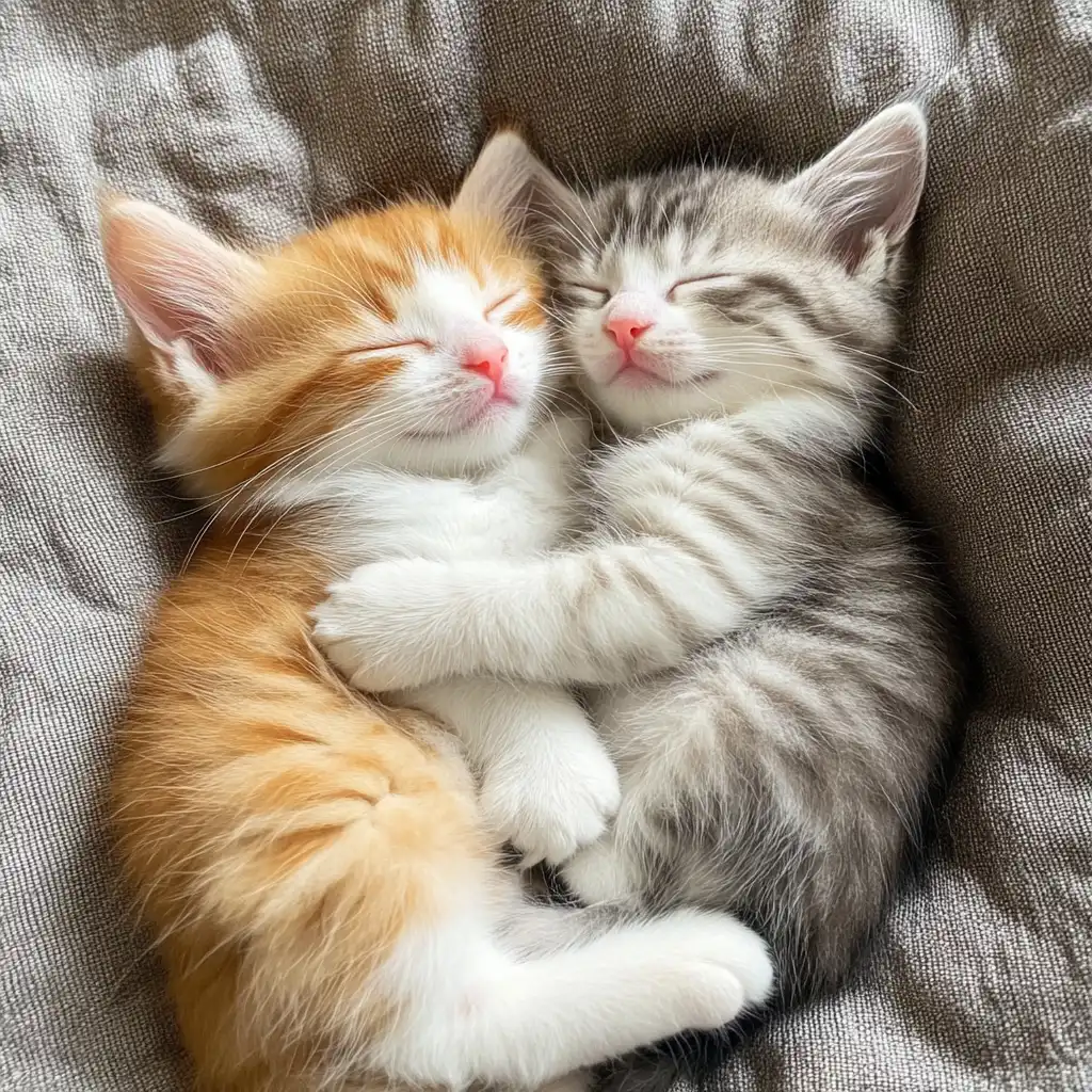 two kittens hugging while sleeping together