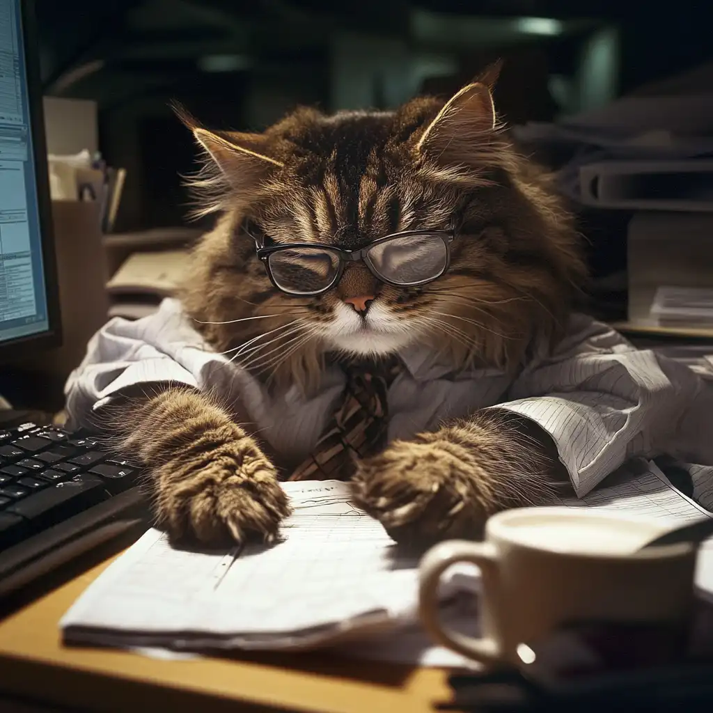 A cat with paws on an office desk wearing glasses