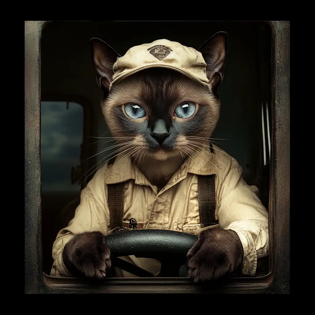 Cat in a uniform behind the wheel of a truck
