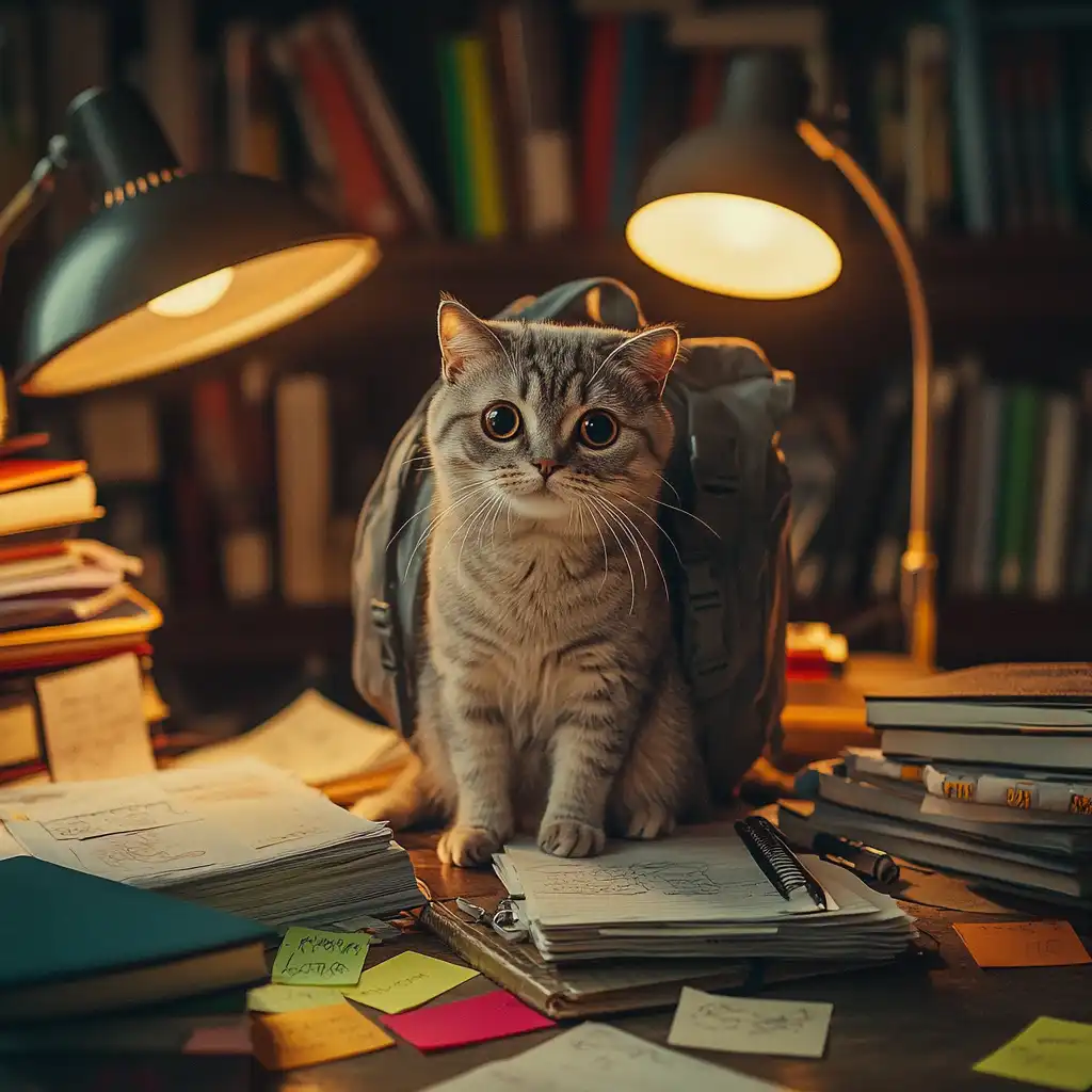 Cat with backpack in a college dorm