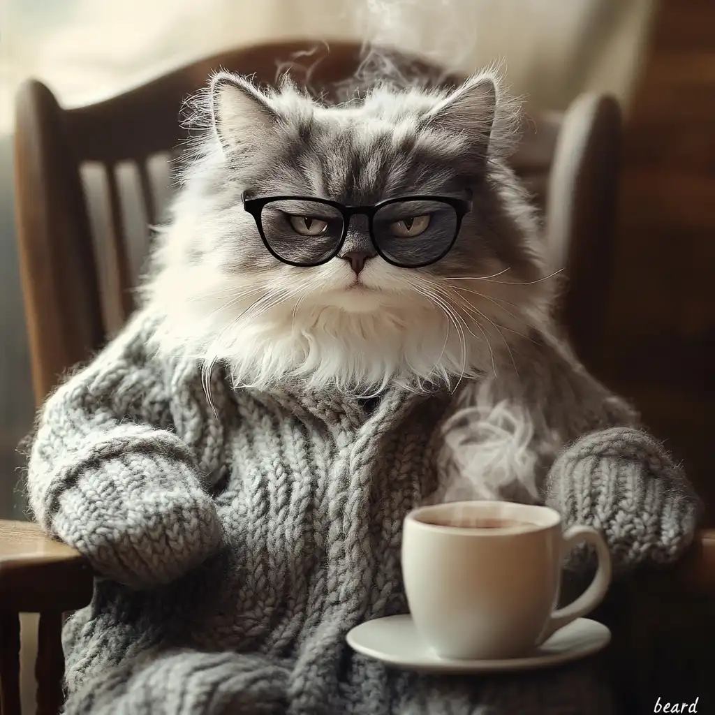 Elderly cat with glasses sitting in a rocking chair with teacup