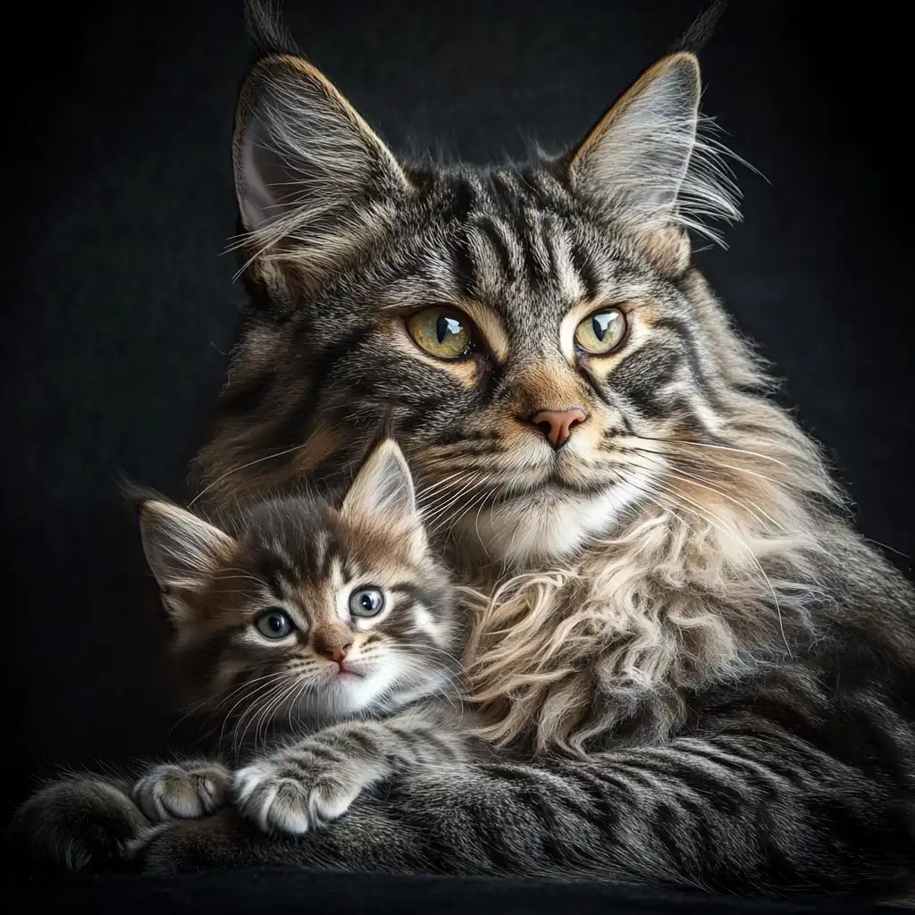 Maine Coon cat with kitten