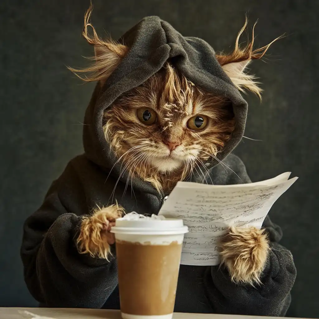 Orange teenage cat with messy fur a hoodie on holding papers in paw and an iced coffee