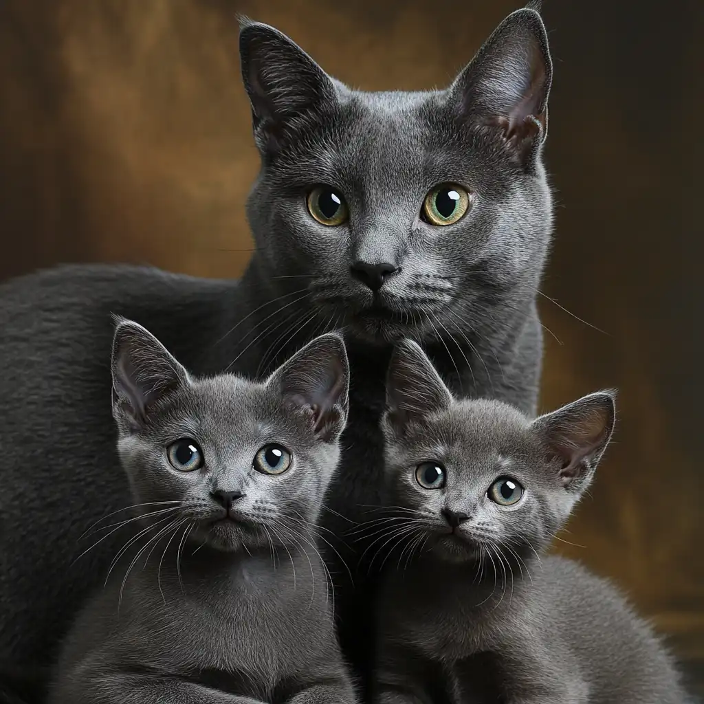 Single parent Russian Blue cat with two younger kittens