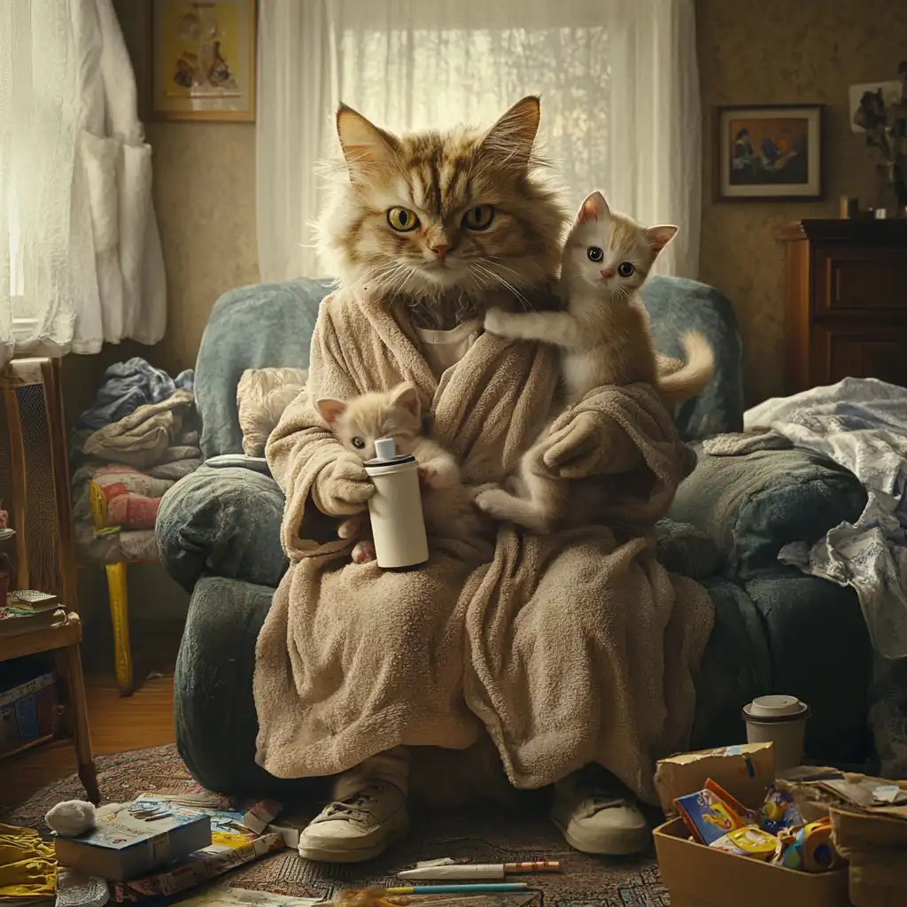 Stay at home cat parent with toddler kittens in messy living room