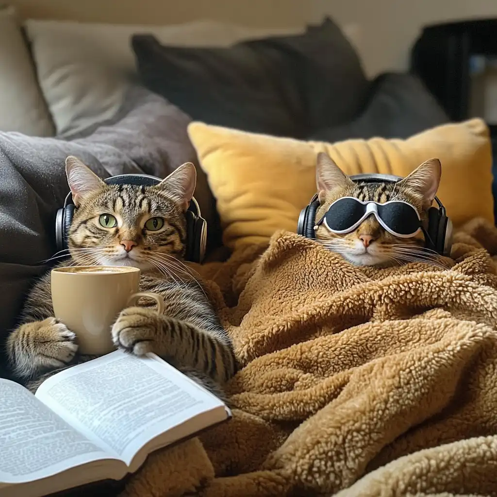 Evening routine of two cats wearing headphones in bed one has a blindfold and sleeping the other awake with a coffee cup