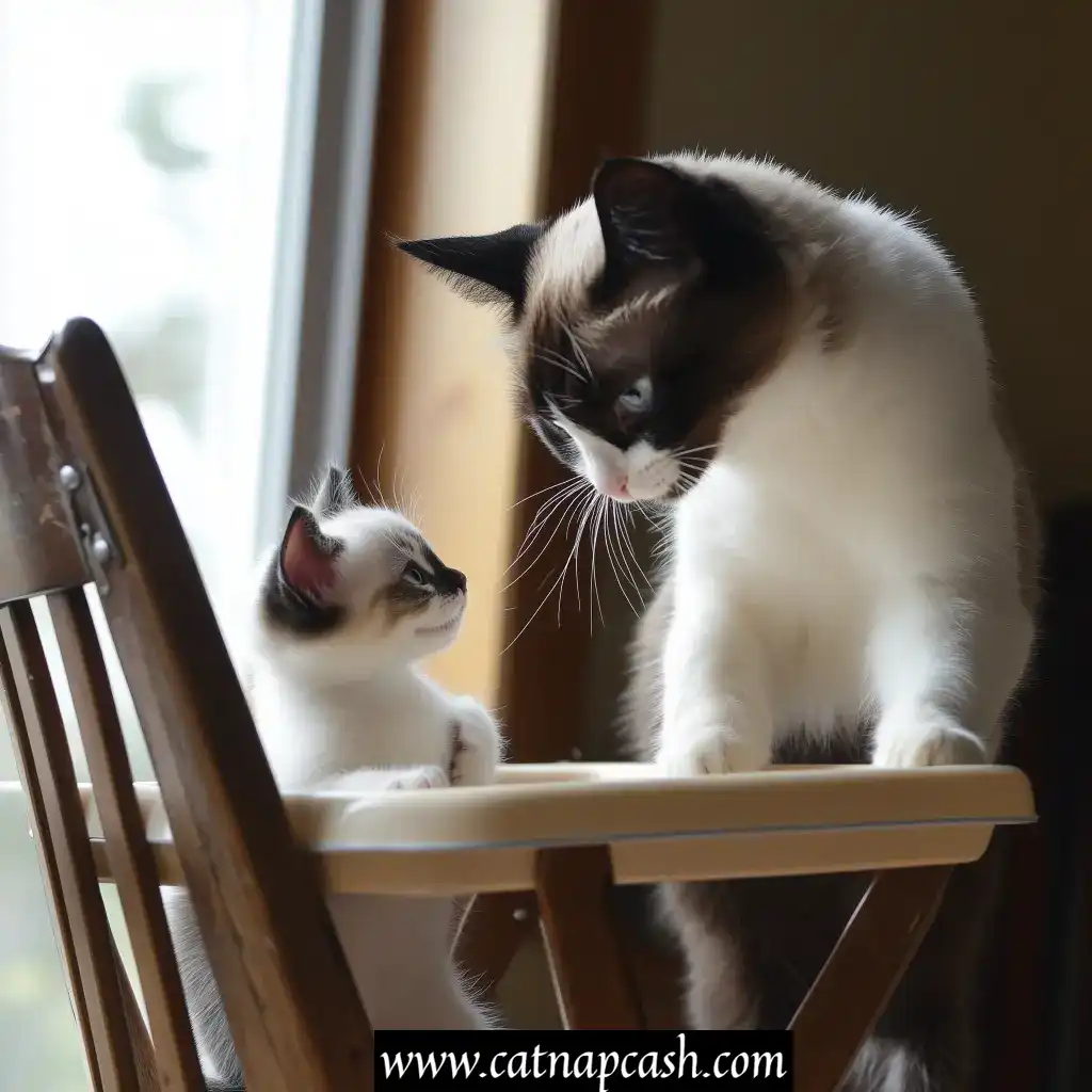 a cat as an adult helping a kitten sitting in a highchair