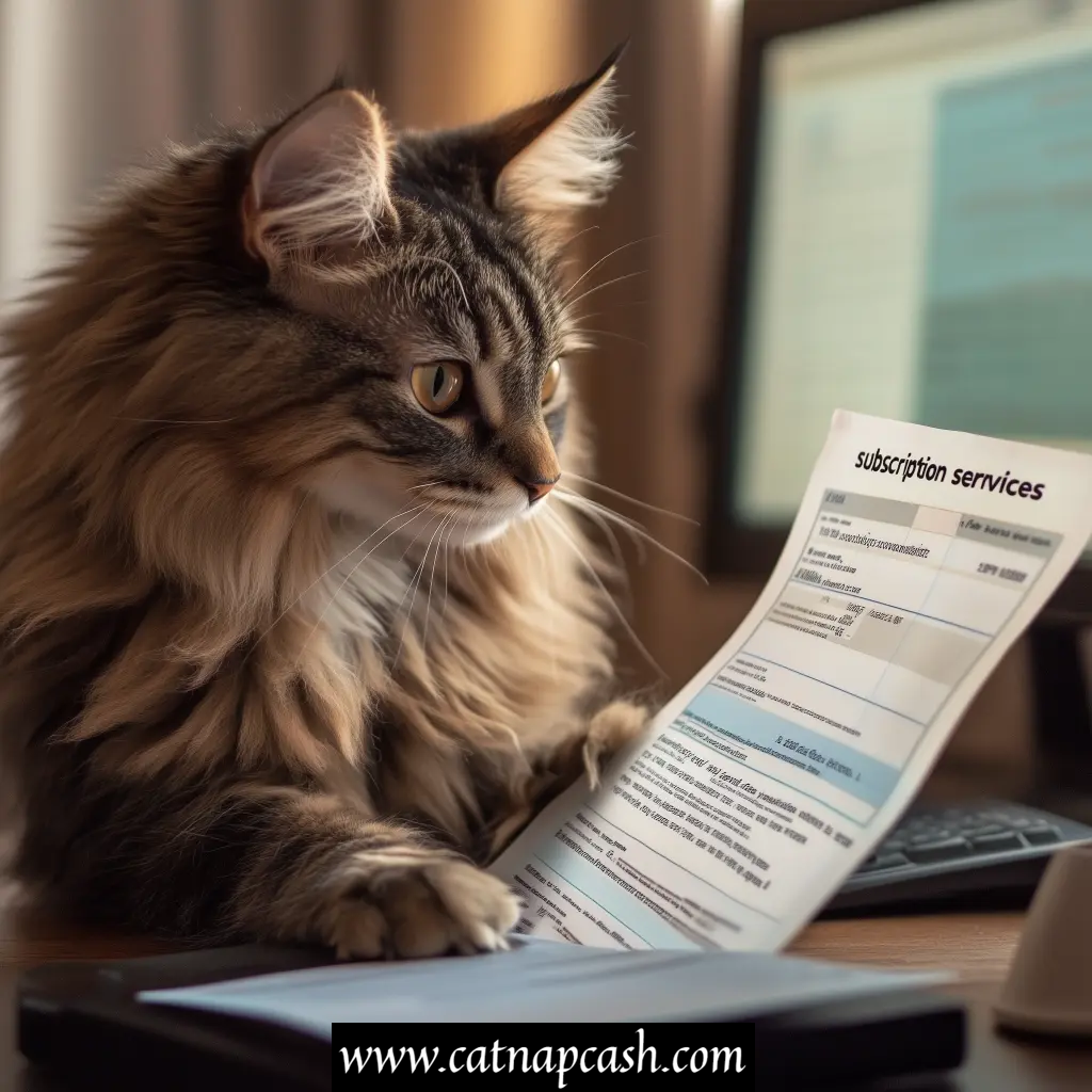 a cat at a desk looking for unused subscriptions on a bill titled subscription services