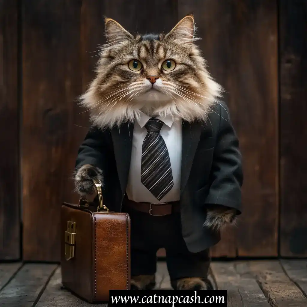 a cat dressed as a lawyer with a briefcase