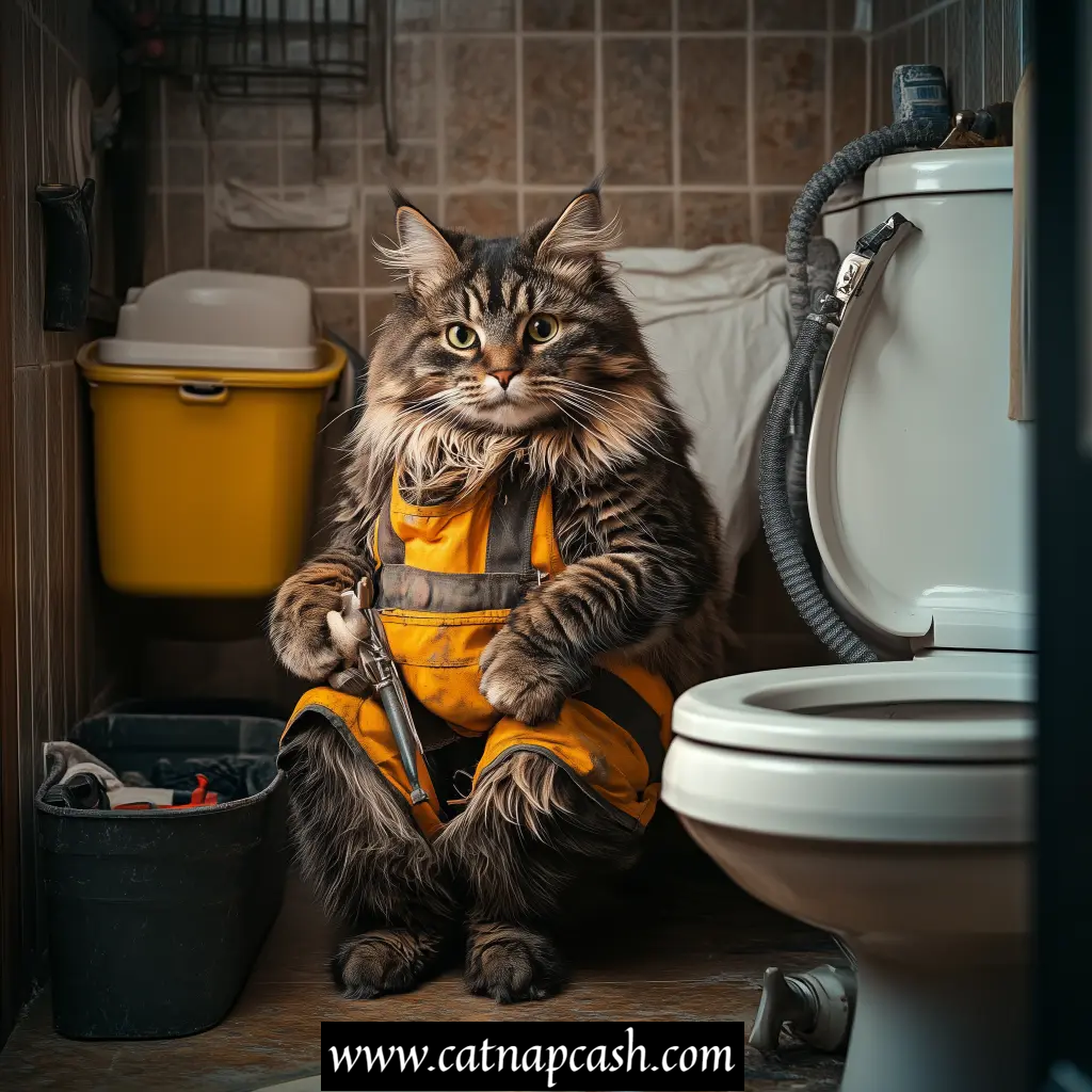 a cat dressed as a plumber sitting beside a toilet