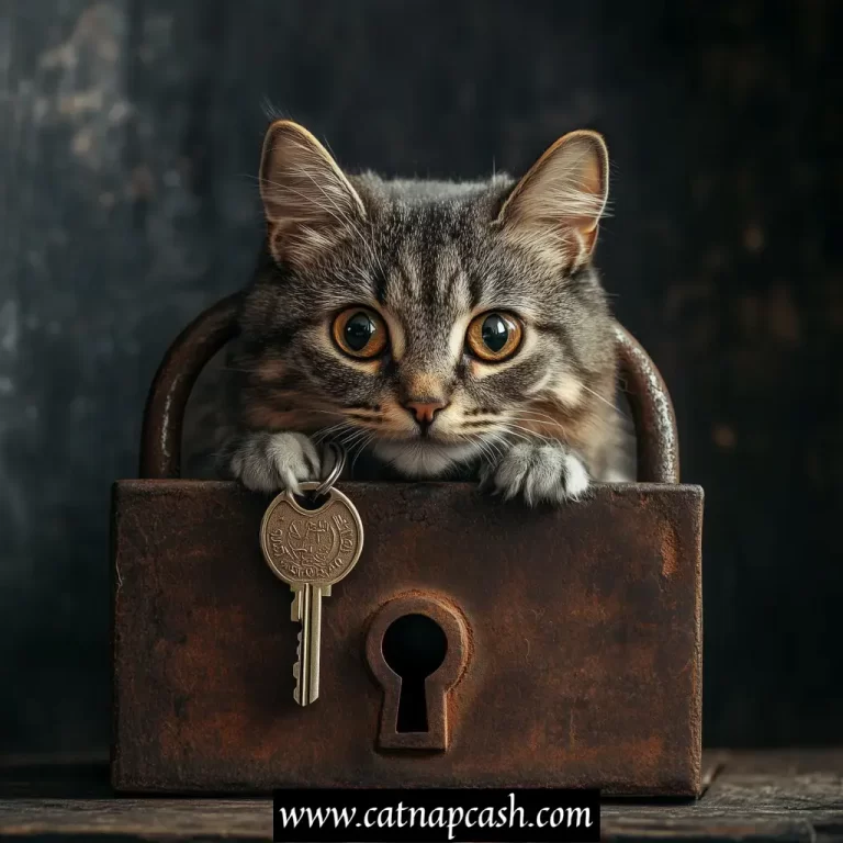 a cat holding a key to a huge padlock that has its paws on it