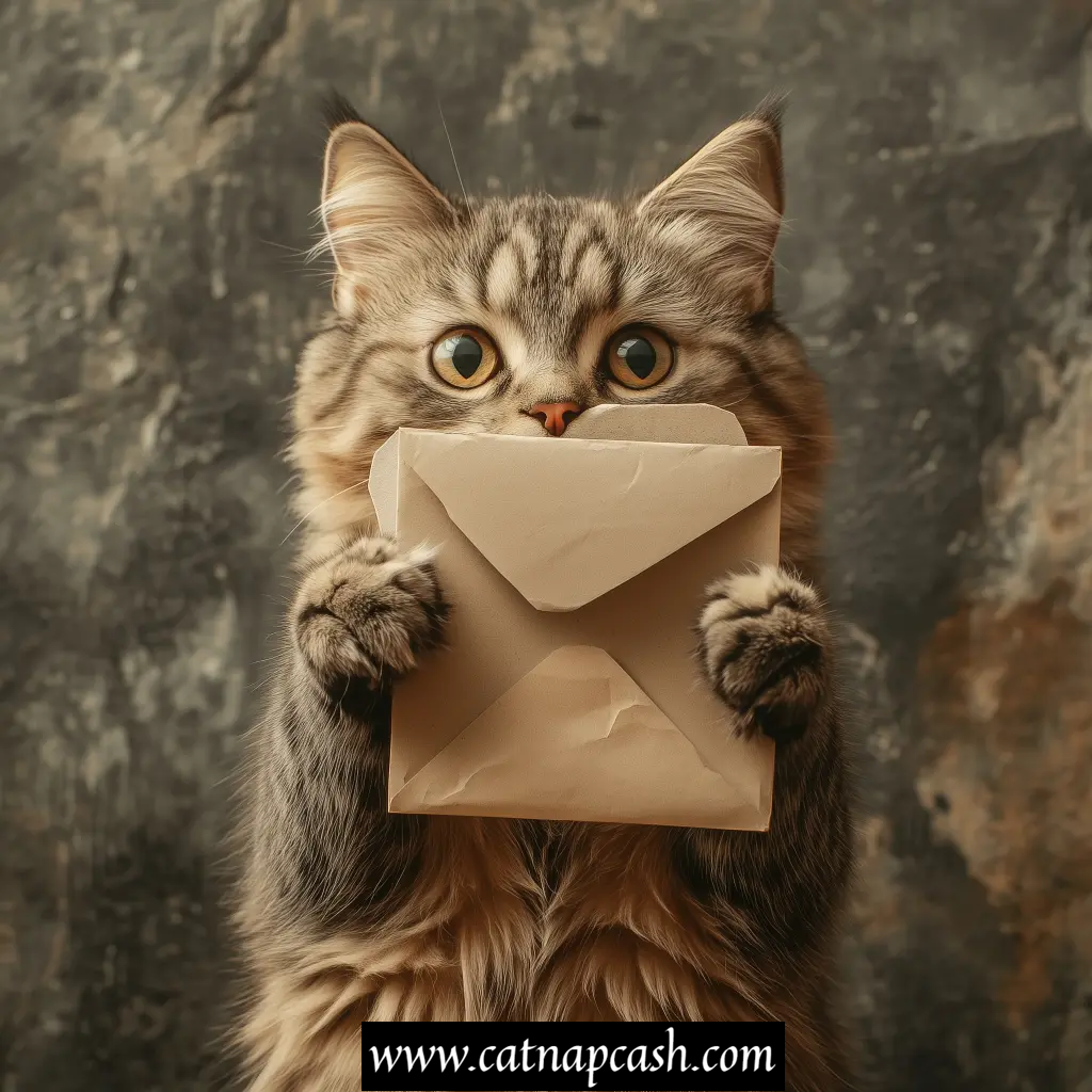 a cat holding an envelope