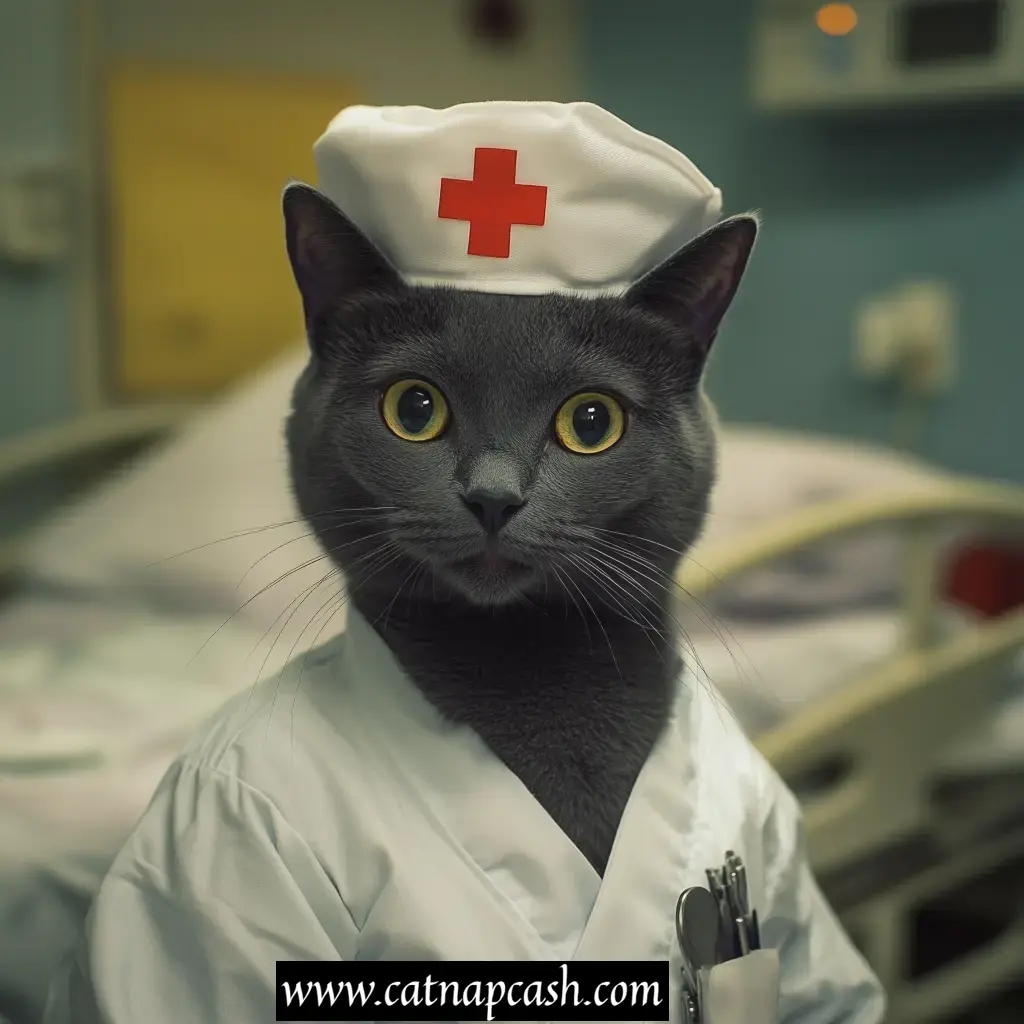 a cat in a hospital dressed as a nurse