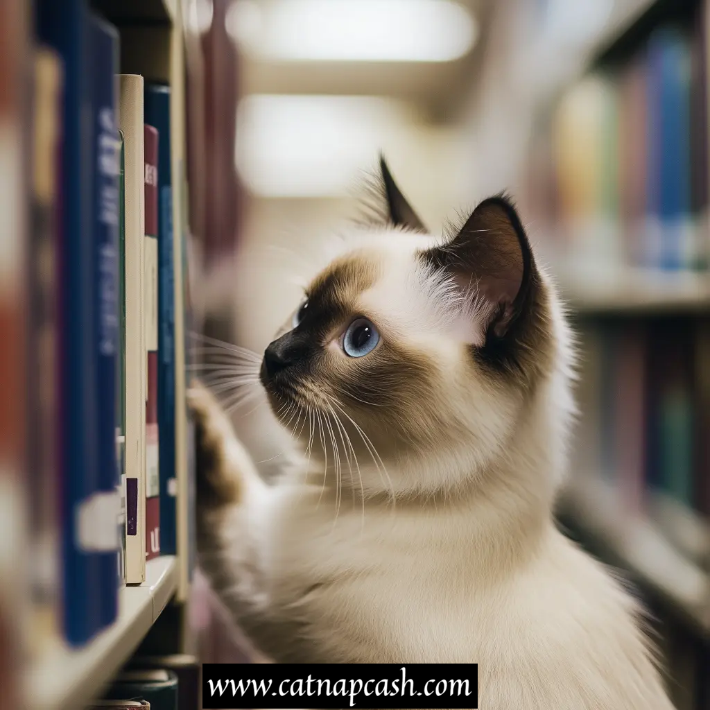 a cat inside a library looking at all the books