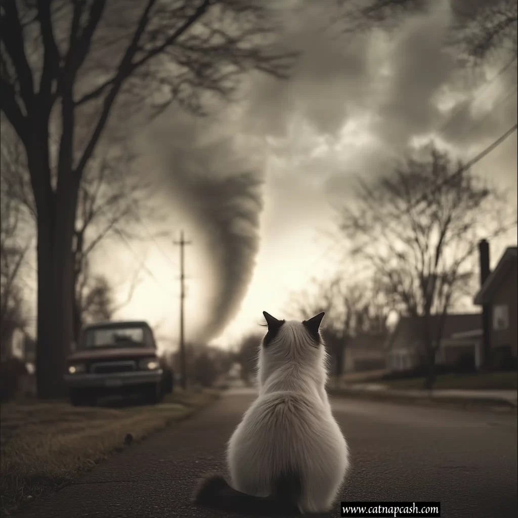 cat looking at a tornado down the street