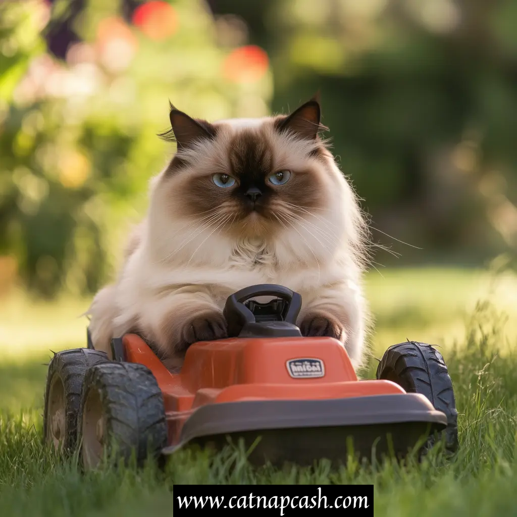 a cat mowing a lawn on a cat sized riding lawn mower